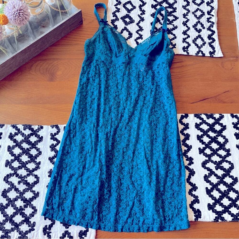 Y2k Cosmopolitan Teal Blue Lace Slip Lingerie Dress Large L sheer siren